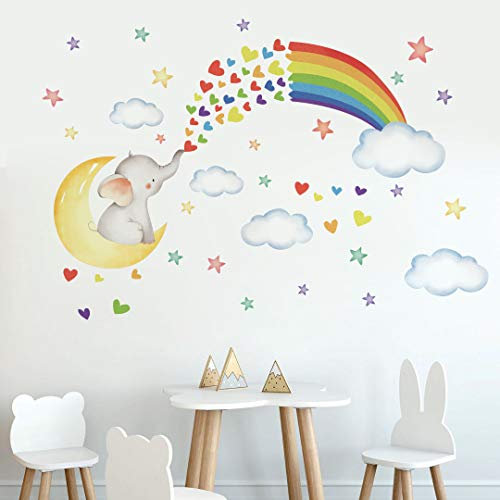 Runtoo Wandtattoo Elefant Baby Wandsticker Regenbogen Wandaufkleber Mond und Sterne Kinderzimmer Babyzimmer Schlafzimmer