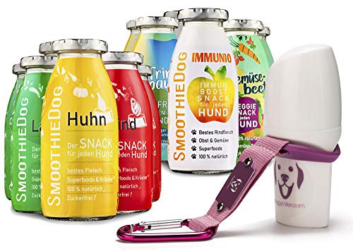 Hunde Smoothie SmoothieDog 12er Mix + Doggyroller m. Halter, Karabiner Rosa - je 2X: Huhn, Rind, Lamm, Ente, Immunio, Veggie - Flüssiges Hundeleckerli - Zucker- & glutenfrei - Zubehör Hund - je 250ml