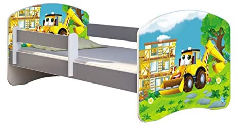 ACMA Kinderbett Jugendbett mit Matratze Grau mit Rausfallschutz Lattenrost II Spielbett Kinderzimmer Möbel (20 Bagger, 140x70)