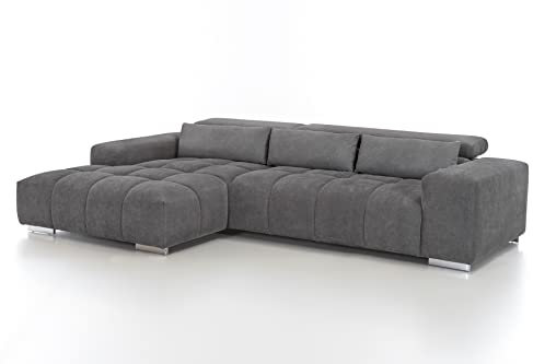 Mivano Eckcouch Orion / Großes Ecksofa mit XL-Recamiere, Kopfteilfunktion und Kissen / 307 x 73 x 186 / Mikrofaser, Grau