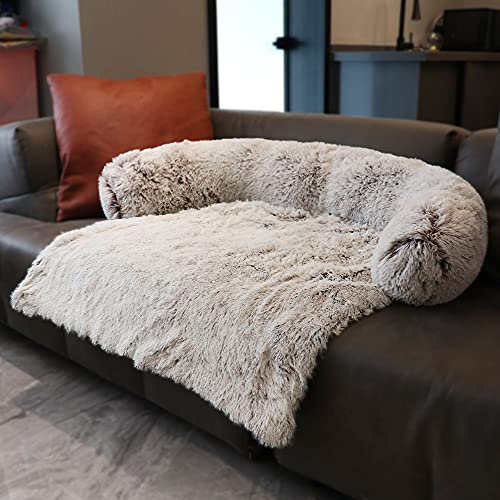 MoonxHome Haustier-Sofa-Schutz, beruhigendes Hundebett für große, mittelgroße Hunde, Plüsch-Hundematte, Hundesofa, universeller Haustiermöbelbezug mit weichem Nackenrolle, Schlafsofa, Braun, Größe M