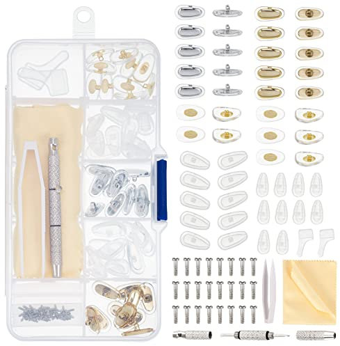 Popuppe Kit de Réparation de Lunettes 95 PCS Accessoires pour Lunettes 25 Paires Plaquettes de Nez en Silicone Gonflable Anti Glisse lunettes avec Vis Pincette Chiffon de Nettoyage Tournevis