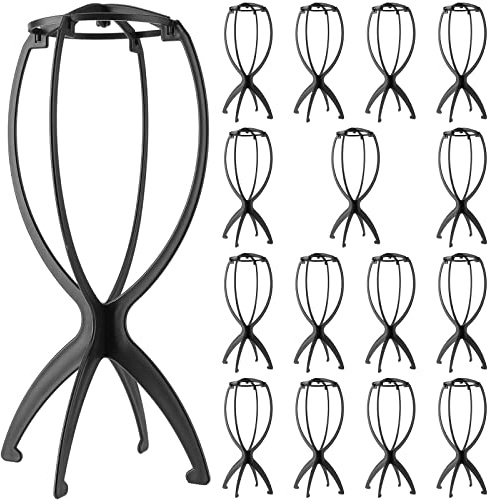 ZEONHEI 16 Stück 14,2 zoll Perückenständer, Plastik Perückenhalter, Falten Perücken Ständer Halter, Wig Stand für Long Wigs, Schwarz, 36 x 17 cm