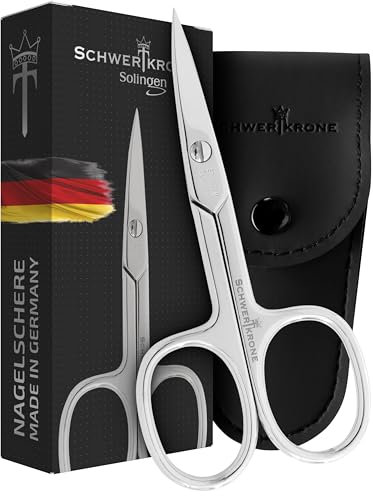SCHWERTKRONE® Nagelschere Solingen [MADE IN GERMANY] - Hochwertige Fingernagelschere mit Nagelscheren Etui - Nail Scissors - Maniküre Schere Gebogen - Nagelhautschere extra Fein & Scharf