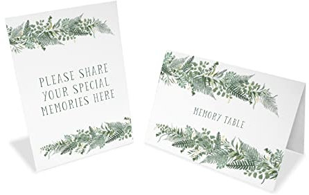 Set of 2 card signs 'memory table' & 'please share your special memories here' | bereavement signs with green ferns | funeral book for guest to sign | celebration of life table