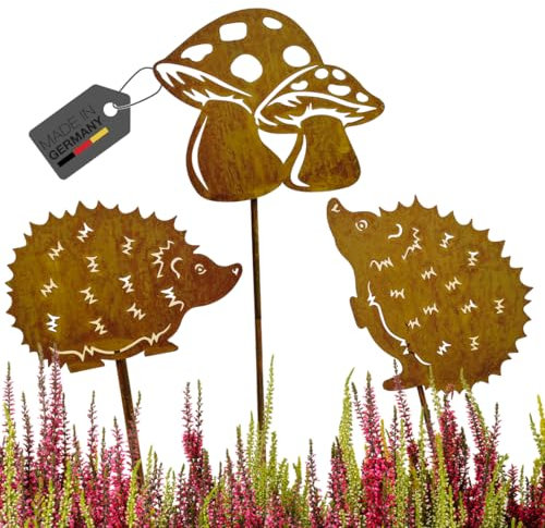 Terma Stahldesign Rostfigur Gartenstecker Set Herbst Zwei Igel EIN Pilz mit Spieß 40-45cm tolle gartendeko aus Rost-Metall, deko rostoptik, Rostfiguren Tiere,