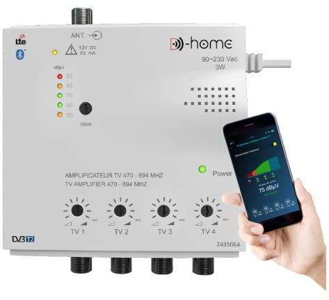 D-Home - Amplificador de TV TNT interior 4 salidas 26dB conectado Filtrado 4G-5G - Funciona con App Mobile TV Finder para encontrar la mejor señal disponible. Para cualquier antena