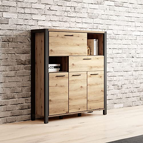 Lomadox Wohnzimmer Highboard in Taurus Eiche Nb. mit LED Beleuchtung, B/H/T: ca. 1207140/41 cm