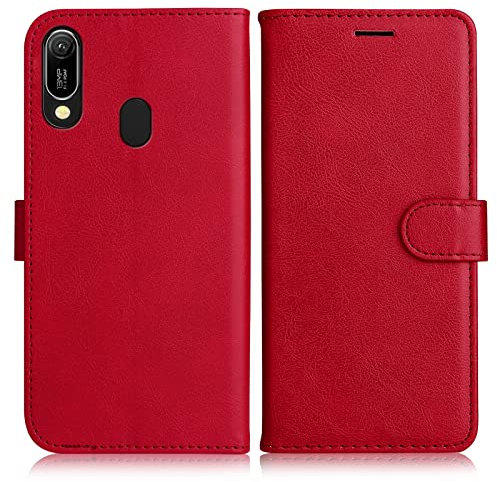 DENDICO Coque pour Huawei Y6 2019 / Honor 8A, PU en Cuir Coque Portefeuille Étui Housse, Design Classique TPU Coque pour Huawei Y6 2019 / Honor 8A, Rouge