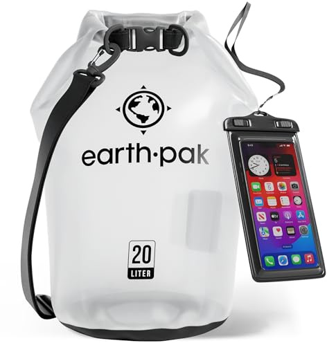 Earth Pak – Wasserdichter Packsack mit Schultergurt und wasserfester Handyhülle – Ideale Rolltop Tasche beim Kajak Fahren, Wandern, Camping, Angeln, Bootfahren und Rafting (Klar, 20L)
