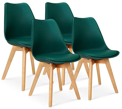 Bravich Set Of 4 Rocco Dining Chairs- Dark Green. Faux Leather Upholstered Dining Chair With Natural Wooden Legs, Cushion Pad Seat & Back Support For Kitchen Table- 42 x 42 x 81cm.