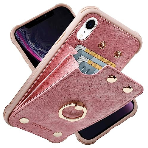 PYTWOPY Handyhüllen, Schutzhülle für iPhone XR/10R mit Kreditkartenfach, Leder, stoßfest, unterstützt 360° drehbarer Ringständer und RFID-Blockierung für iPhone XR, iPhone 10R, Rosa