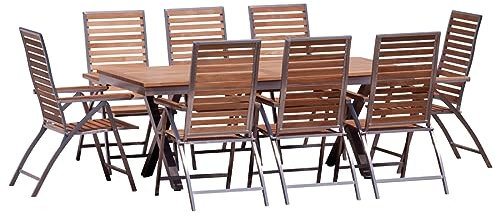ALEOS. Gartengarnitur Edelstahl A-Grade Teak Holz Set bestehend aus Ausziehtisch 200-260 x 100 cm mit 8 Hochlehner Serie Nassau für 8 Personen Gastronomie Qualität