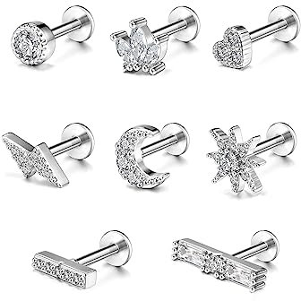 PiercingJak Helix Piercings Chirurgenstahl Ohrstecker Labret Tragus Knorpel Ohrringe mit Blitz Krone Herz Mond Stern Glitzer Zirkonia Silber Piercing Ohr Stecker Stäbe 6mm 16Ga Ohrpiercing, 8pcs