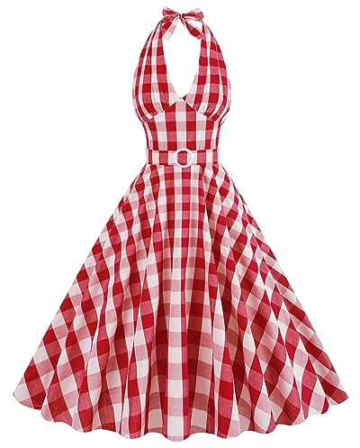 Générique Robe Rockabilly des années 1950 pour Femmes Robe de Cocktail sans Manches à Carreaux Robe trapèze rétro Robe de soirée élégante Robe Longue Rose Poudré (Red, L)