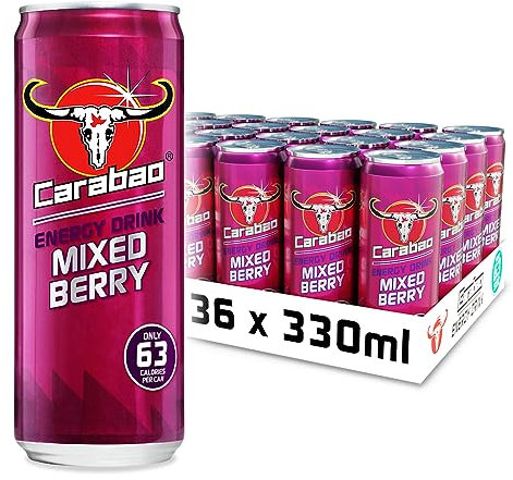 Carabao Energy Drink Mixed Berry, 36 x 330ml Cans Case, Low Calorie, Lower Sugar, Fizzy Fruit Flavour, Vegan, Gluten Free Drink, B Vitamins, Taurine, Caffeine with Zero Crash, Bulk Crates, Multipack