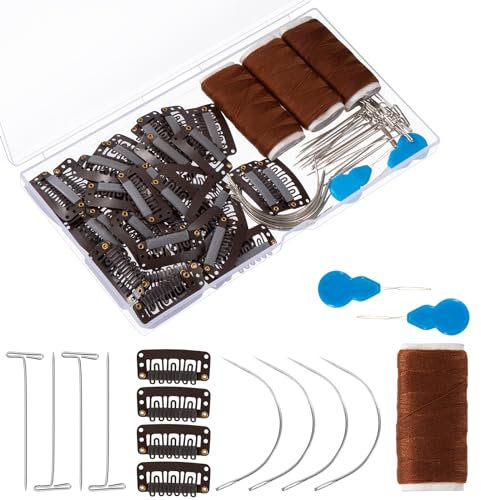 Newellsail Haarverlängerung Clip Set Perücken Herstellung Satz Enthält 50 U-Förmige Schnapp Clips, 20 T-Stifte, 10 Gebogene Nadeln, 3 Rollen Webfaden, 2 Nadel Einfädler (85 Stück)
