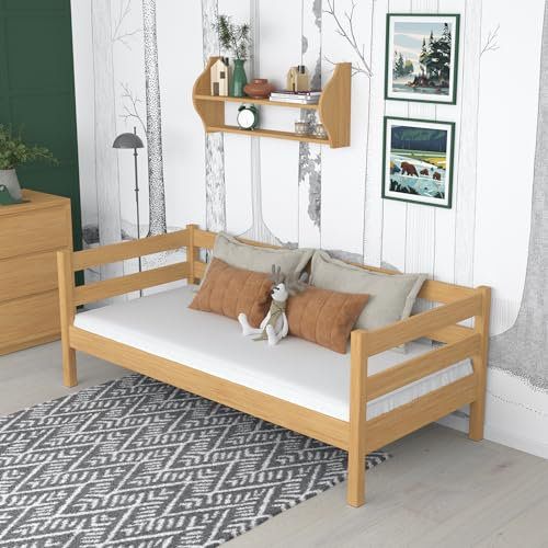 N-wood N01 Bett 80x190 cm aus Holz, Bettgestel mit lattenrost, Tagesbett, Einzelbett für Kinder, Jugendliche und Erwachsene, sichere abgerundete Kanten, Stabile Massivholzkonstruktion, Naturkiefer