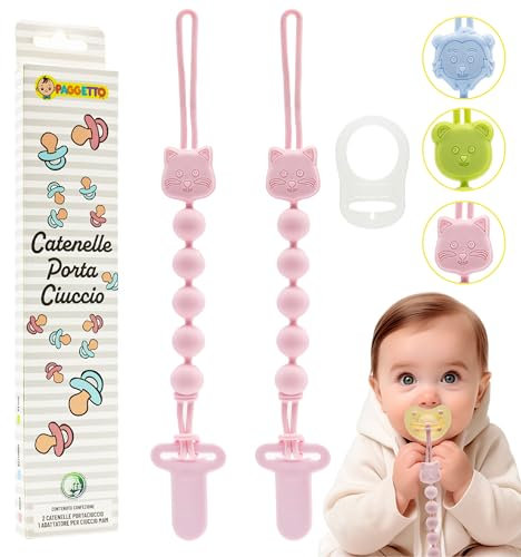 PAGGETTO Catenella Portaciuccio in Silicone Alimentare - Clip per l'Aggancio senza Viti per la Sicurezza dei tuoi Bambini - Set da 2 Catenine Ciuccio BPA FREE (Rosa)