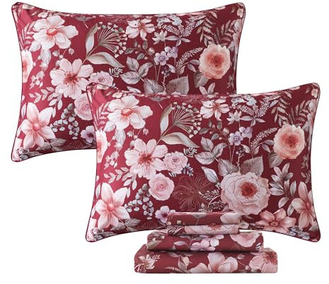 FADFAY Floral Sheets Set King Vintage Red Floral Bedding Shabby Pink Rose Elegant Peony Sheets Rustic Farmhouse Bedding 800 Thread Count 100% Egyptian Cotton Deep Pocket Fitted Sheet 4Pcs, King Size