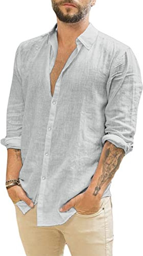 Runcati Herren Langarm Leinenhemd Umlegekragen Hemd Business Freizeithemd Sommer Shirt, Grau, XL