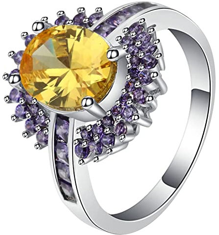 Anello con pietra vintage, da donna, con zirconi gialli e viola, placcato in argento, regalo di compleanno, 57 (18.1), Zirconia cubica