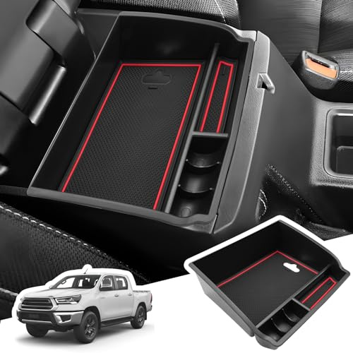 BIBIBO Aufbewahrungsbox für Toyota Hilux AN120 AN130 2016-2024, Mittelkonsole Organizer mit Rutschfestermatte, Armlehnen Aufbewahrungsbox, Handschuhfach, Toyota Hilux Zubehör