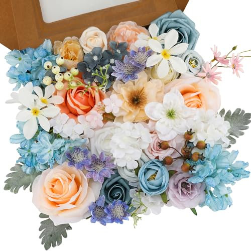 Floweroyal Künstliche Blumen Combo Blau Blumen Mix Seidenblumen Dahlie Rosen mit Stielen für Hochzeit Brautsträuße, Tischdekoration, Babyparty, Blumenarrangement, Heimdekorationen