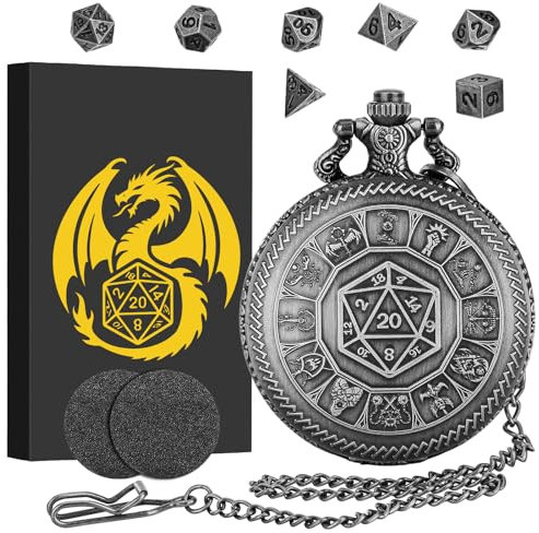 Mini DND Dice Set, Pocket Watch Case with Center Number Dice, 7 Pieces Polyhedral Metal D&D Dice Set, Gifts for DND, Role Playing Board Game Accessories, Dark Silver