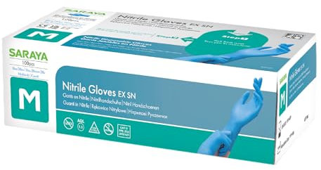SARAYA Gants Nitrile - Bleus - Taille M - Sans Latex - Non Poudré - Grande Élasticité - Ajustement Optimal - Doigts Anti-Dérapants - Haute Résistance - Gants Jetables - 100 Pièces