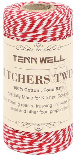 Tenn Well Spago da macellaio rosso e bianco, 2 mm x 100 m, resistente, per cucina, macellaio, sicuro per alimenti, per legare carne, salsicce, arrostire pollo e confezioni regalo