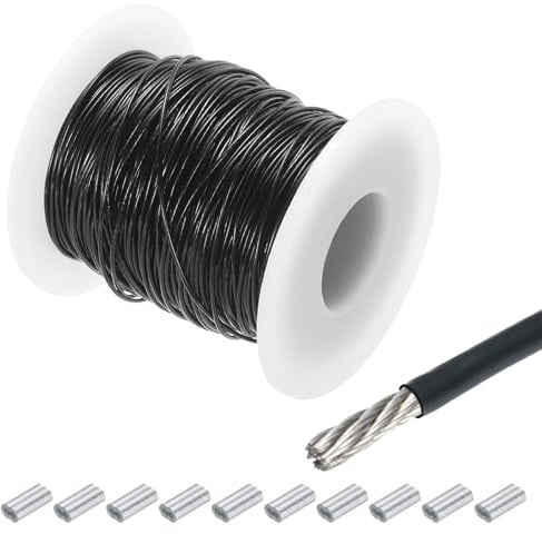 QUARKZMAN 50m Cable de Acero Inoxidable 304, 0.8mm OD Alambre Cuerda Carrete Kit con 10pcs Doble Orificio Aluminio Mangas PVC Recubierto para Cuerda Tendedero Suspensión Planta, Negro
