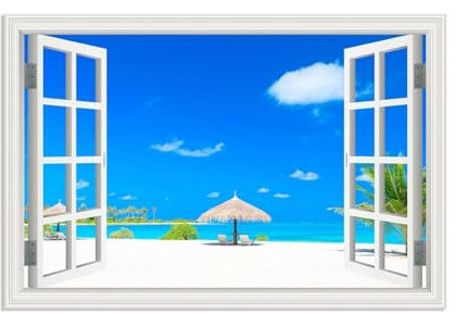 MOBYAT Decorazione artistica da parete effetto finestra 3D,Stampa artistica di paesaggio marino blu,Quadro su tela con cornice sul mare,Quadri Moderni Spiaggia90x60cm(35x24in) Senza cornice