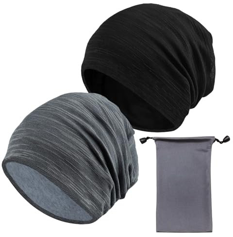 ZYKORT 2 Stück Slouchy Beanie Mütze, Dünne Herren Damen Weiche Baumwoll-Mütze für Frühling, Herbst und Winter, Sport, Chemo, Haarausfall, Schlaf (Schwarz + Grau)