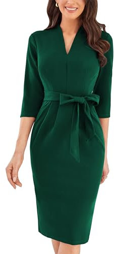 Women V-Neck Midi Dress 3/4 Sleeve Bodycon Pencil Dress with Belt Green L