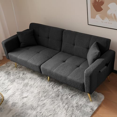 Klappbares Schlafsofa mit Schlaffunktion, Moderner 2-Sitzer Couch Sofa Klappsofa Bettcouch Gästebett mit Kissen und Seitlichen Aufbewahrungstaschen für Wohnzimmer Schlafzimmer Büro (Dunkelgrau)