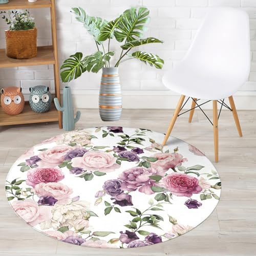Hearda Teppich Rund Reppich Schlafzimmer, Innenbereich Blume-Druck Teppich Waschbarer rutschfest Teppich Flanell Flur Teppich für Wohnzimmer, Kinderzimmer, Büro (120cm,Rosa Violett 1)
