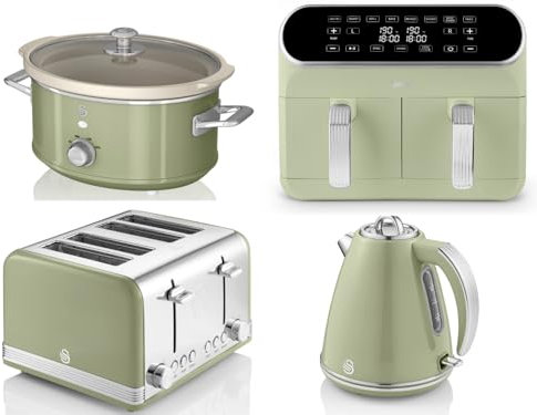 Swan Retro Green 1.5L 3KW Jug Kettle, 4 Slice Toaster, 8L Dual Basket Air Fryer and 3.5L Slow Cooker. Matching Retro Design Kitchen Appliances Set of 4 in Green