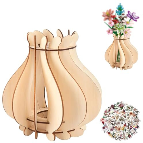 Jarrón Compatible con Flores, jarrón de Madera, Rompecabezas de Madera con 40 Pegatinas de Flores, compatibilidad con Ramo de Bonsái, Ramo de Rosas, orquídea, Tulipanes, crisantemo, Flores