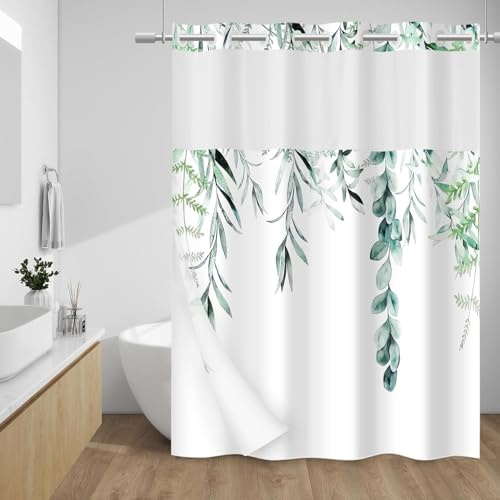 ALINK Cortina de ducha sin gancho con forro a presión, cortina de ducha floral, forro interior de tela impermeable, cortinas de ducha modernas de tela con plantas azul marino, lavable a máquina, 71 x