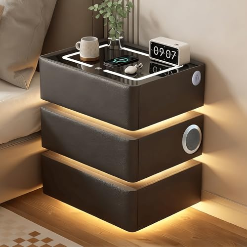GXSDYYDS LED Nachttisch, 3 Schubladen, Nachttisch Modern mit 3 Licht Dimmbar,Bluetooth-Lautsprecher, Kabelloses Laden, Automatischer Sensor, 2USB, 1Typ-C,Beistelltisch Nachtschrank für Schlafzimmer