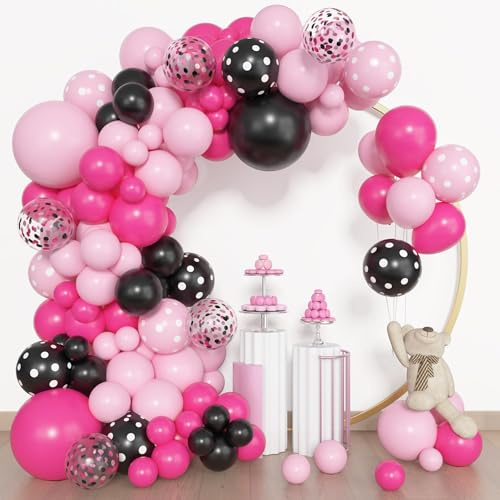 BlueCloudy Kit arco ghirlanda palloncini rosa e nero, diverse misure 45 30 25 12 cm, palloncini latex rosa nero pois confetti, per decorazioni matrimonio compleanno
