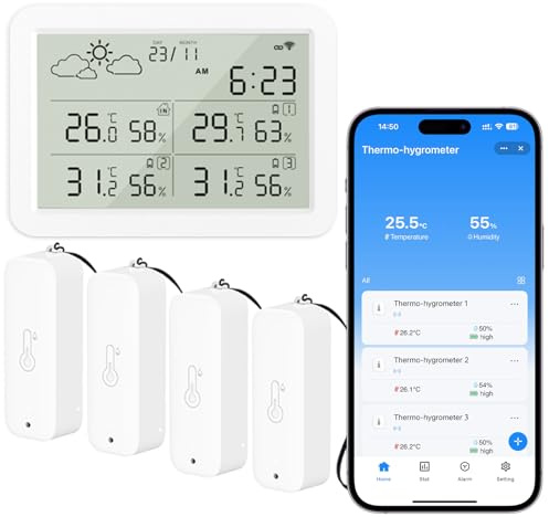 WIOONI Termometro Igrometro WLAN per Interni ed Esterni con Display LCD, Sensore di Temperatura WiFi con App, Compatibile con Tuya/Smart Life per Cantina, Serra, 4 Sensori e 1 Stazione Base