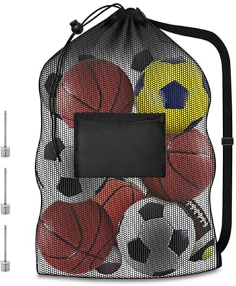 SouStar Extra Large Football Bag, 4 Pcs Sports Ball Storage Set (1 Mesh Bag & 3 Pump Needles), Heavy Duty Drawstring Ball Net for Basketball and Rugby, Carrier Equipment Sack