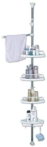 BAOYOUNI Corner Shower Rack Storage Shelf No Drilling Telescopic Bathroom Caddy Tension Pole Adjustable Bathtub Space Saver Holder Floor to Ceiling Organizer with Towel Rail for Small Spaces, Ivory