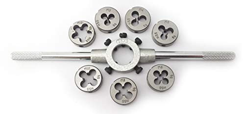 8-tlg. Schneideisen - Satz, HSS-G rund, 25 x 9 mm, metrisches Regelgewinde DIN 13, M3 – M12, inkl. Schneideisenhalter in Metallkassette