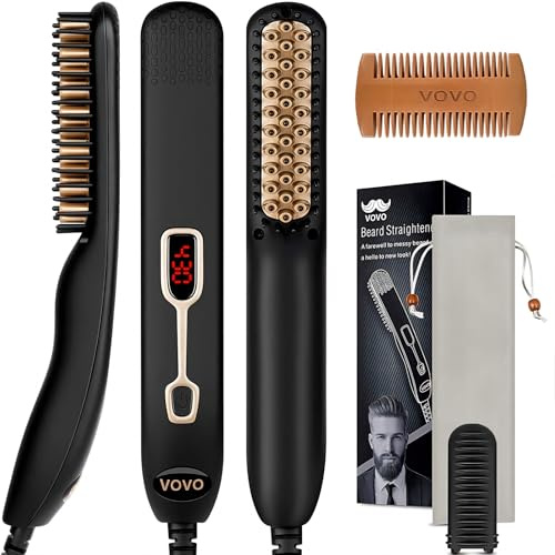 VOVO Beard Straightener Comb Upgrade Professional 2 in 1 Men's Beard Straightening Heated Hair Straightening Brush Portable Anti-Burn 6 Temperature Adjustable with LED Display for Home and Travel