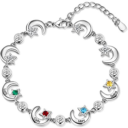 RolaOnly Armband mit 4 Namen Damen 925 Sterling Silber Geburtsstein Armbänder mit 5A Kubik Zirkonia Sterne Mond Anhänger Personalisiert Schmuck Geschenk für Mutter und Tochter