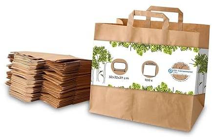 BIOZOYG 100x Papiertragetaschen groß 32 x 22 x 27cm - braune Papiertüten mit Henkel Einkaufstüten - Papiertaschen Geschenktüten Tragetaschen