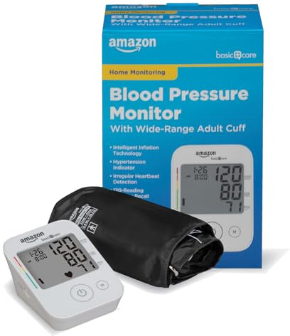 Amazon Basic Care Blood Pressure Monitor, Wide Range Arm Cuff, Intelligent Inflation Technology, Home Monitoring, Hypertension Indicator, Irregular Heartbeat Detection, Large (Previously Healthwise)